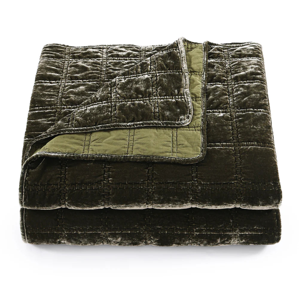 Sienna Faux Silk Velvet Double Box Stitch Quilt Set Fern Green