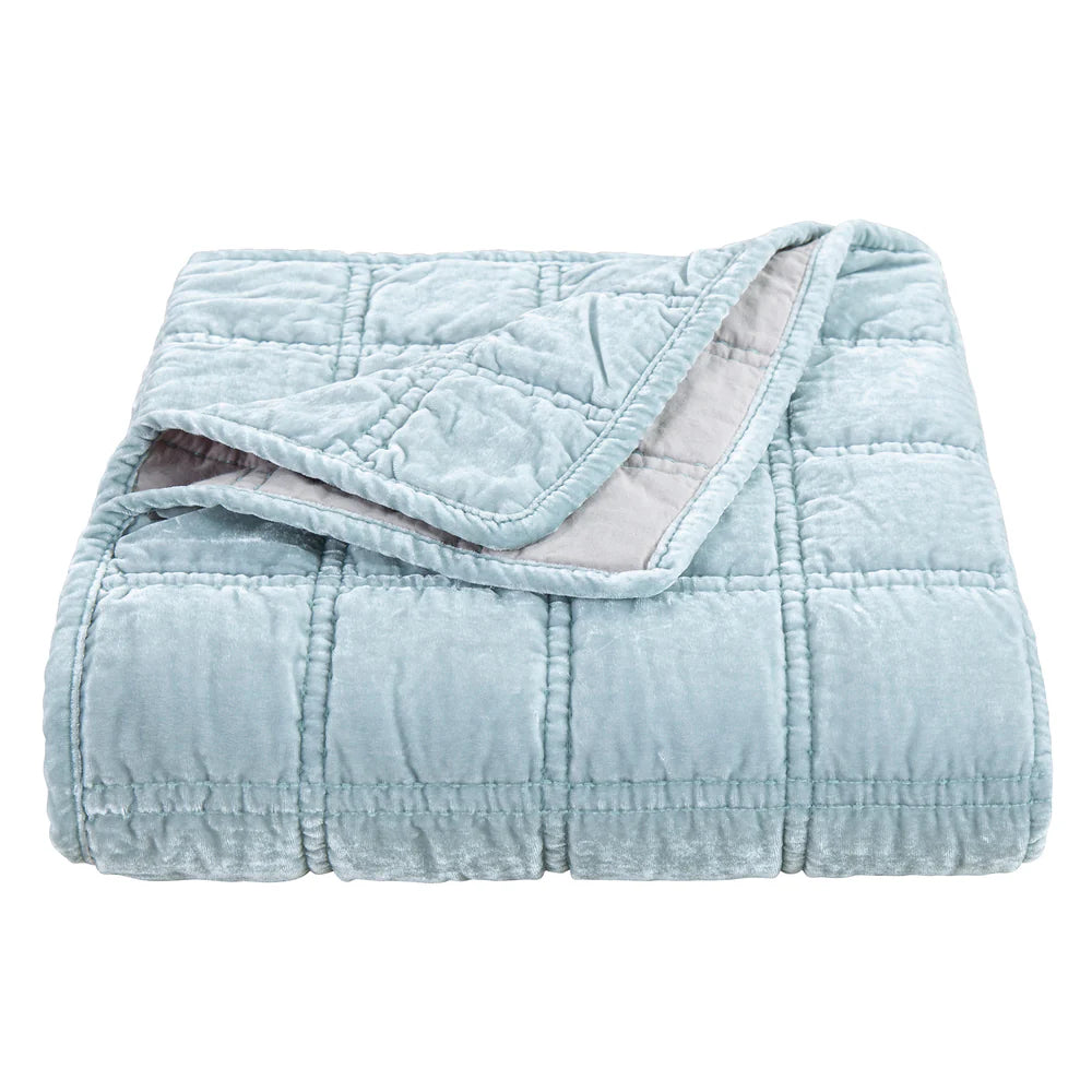 Sienna Faux Silk Velvet Double Box Stitch Throw Icy Blue