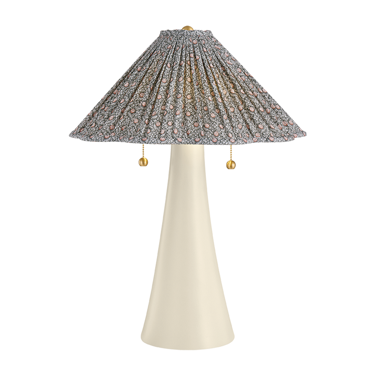 Abigail floral fabric table lamp with antique ivory ceramic mushroom base, mimosa moss printed cotton scalloped shade and aged brass pull chains, 23 inch plug-in table lamp