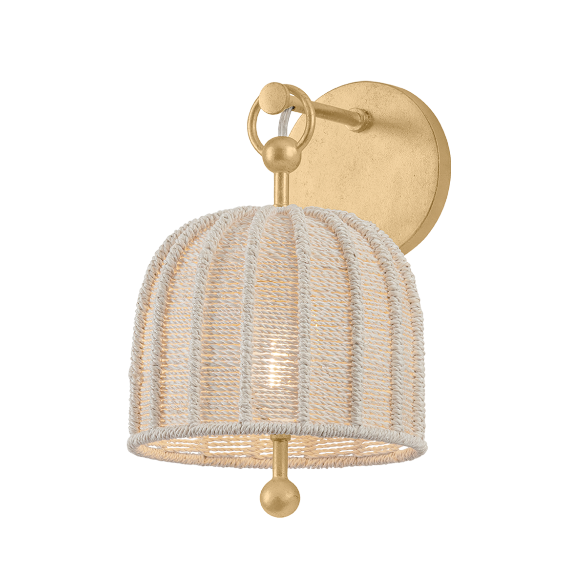 Agatha coastal abaca wall sconce, bleached abaca rope shade with vintage gold leaf stem wall light for bedroom or living room