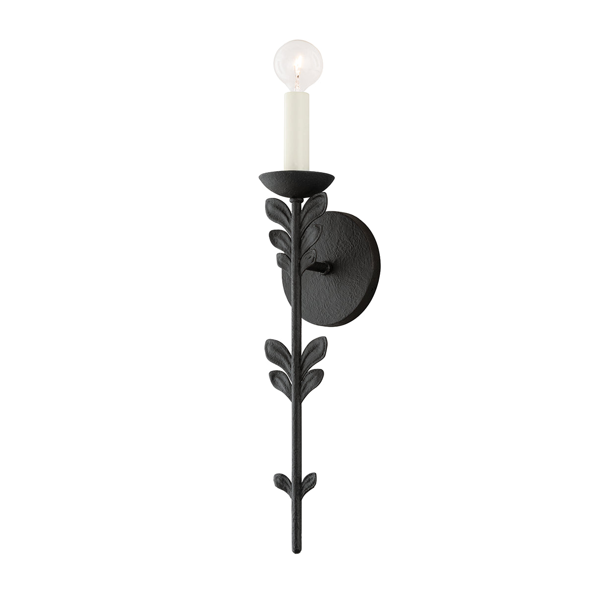 Fiona floral black iron wall sconce with botanical leaf accents, 20 inch single candelabra wall light with matte black finish and round backplate