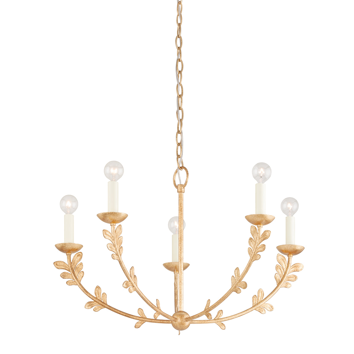 Fiona floral brass chandelier small, 28 inch botanical leaf accent pendant light with aged brass finish and 5 candelabra sockets