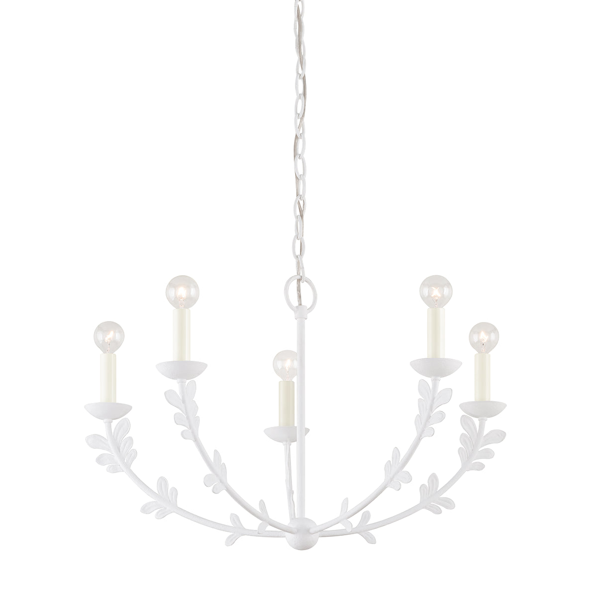 Fiona floral white chandelier small, 28 inch botanical leaf accent pendant light with 5 candelabra sockets and 54 inch chain