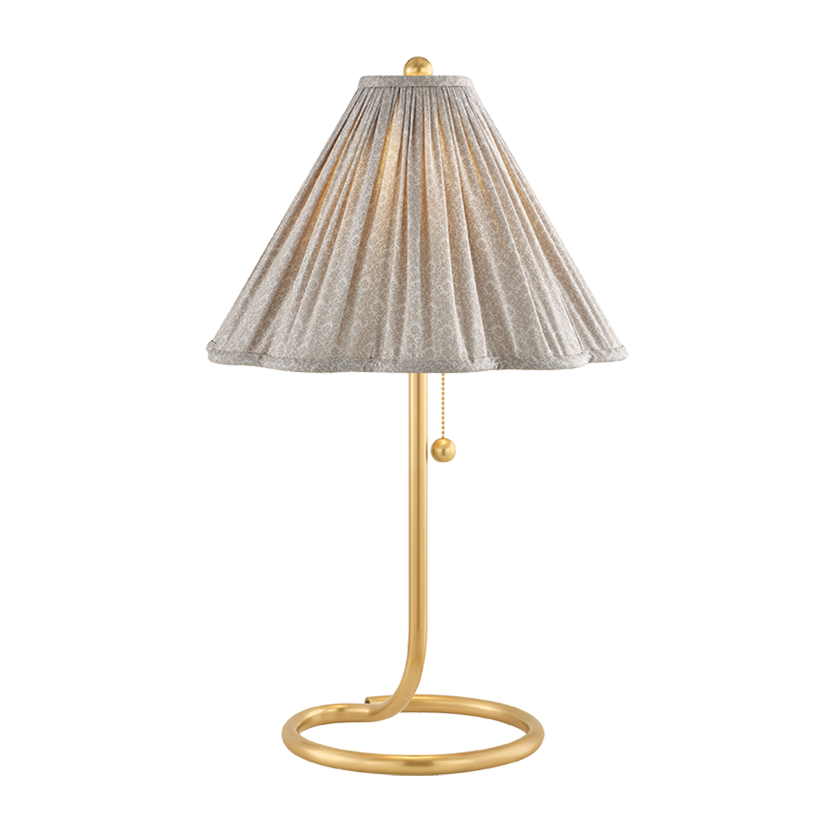 Mandy fabric table lamp with twisted aged brass abstract base and printed cotton gathered shade