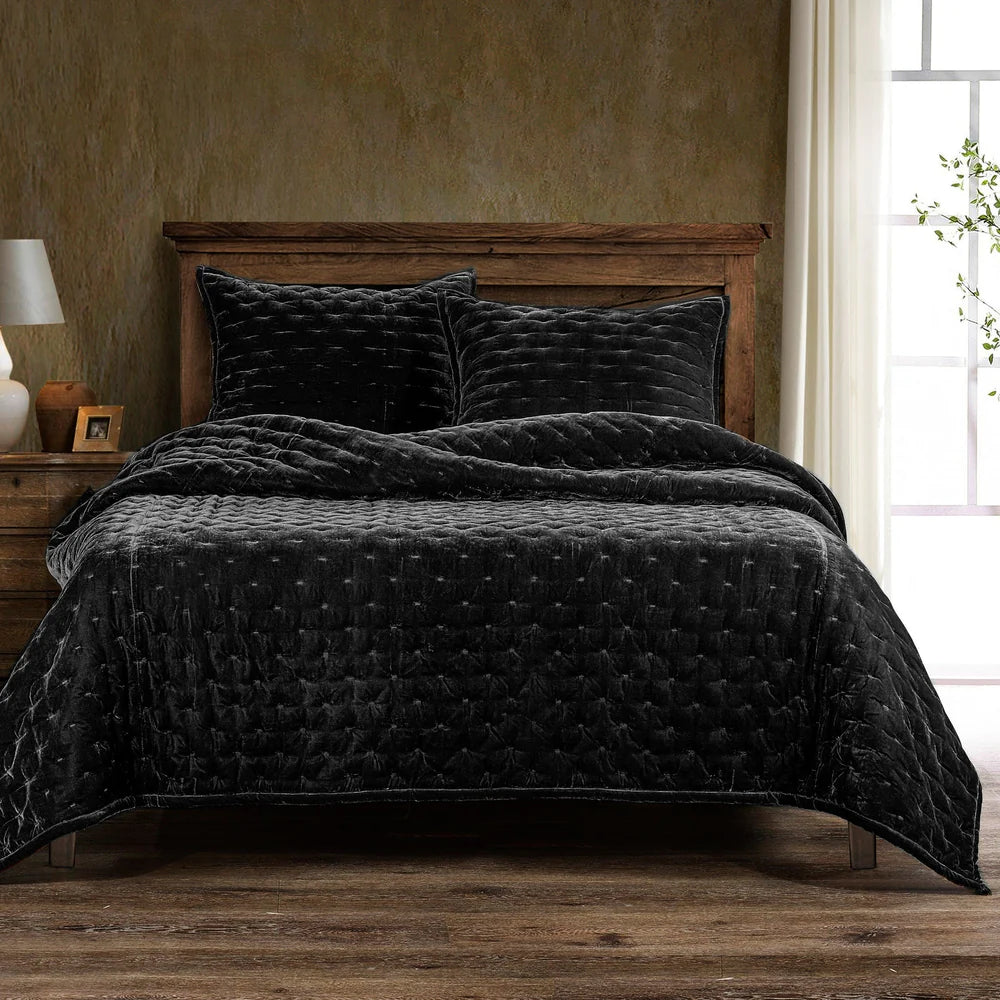 Sienna Faux Silk Velvet Quilt Copper Midnight Black