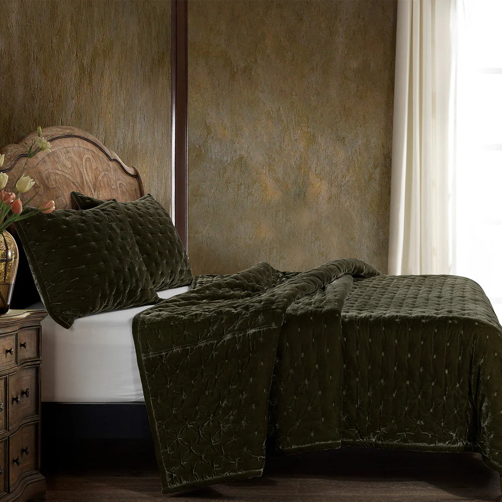 Sienna Faux Silk Velvet Quilt Copper Fern Green