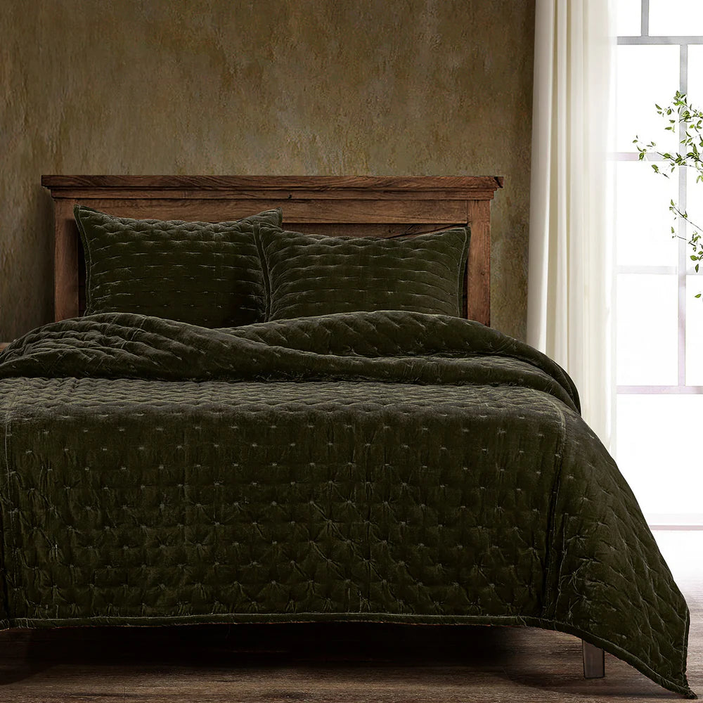 Sienna Faux Silk Velvet Quilt Copper Fern Green