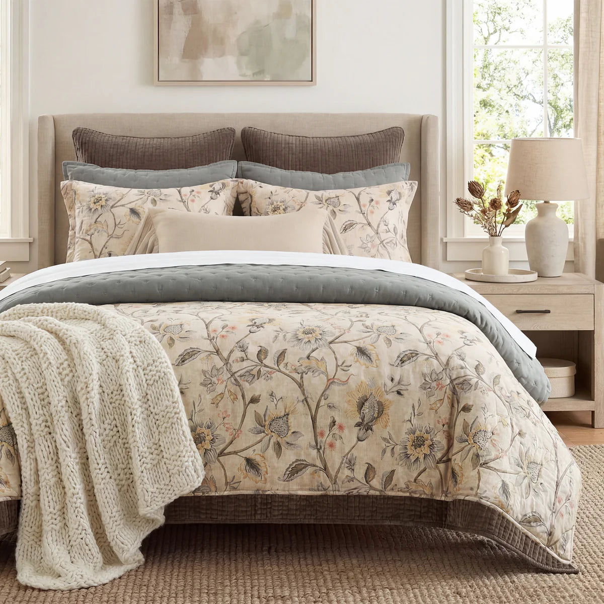 Botanical Bloom Washed Linen Bedding Set Flax