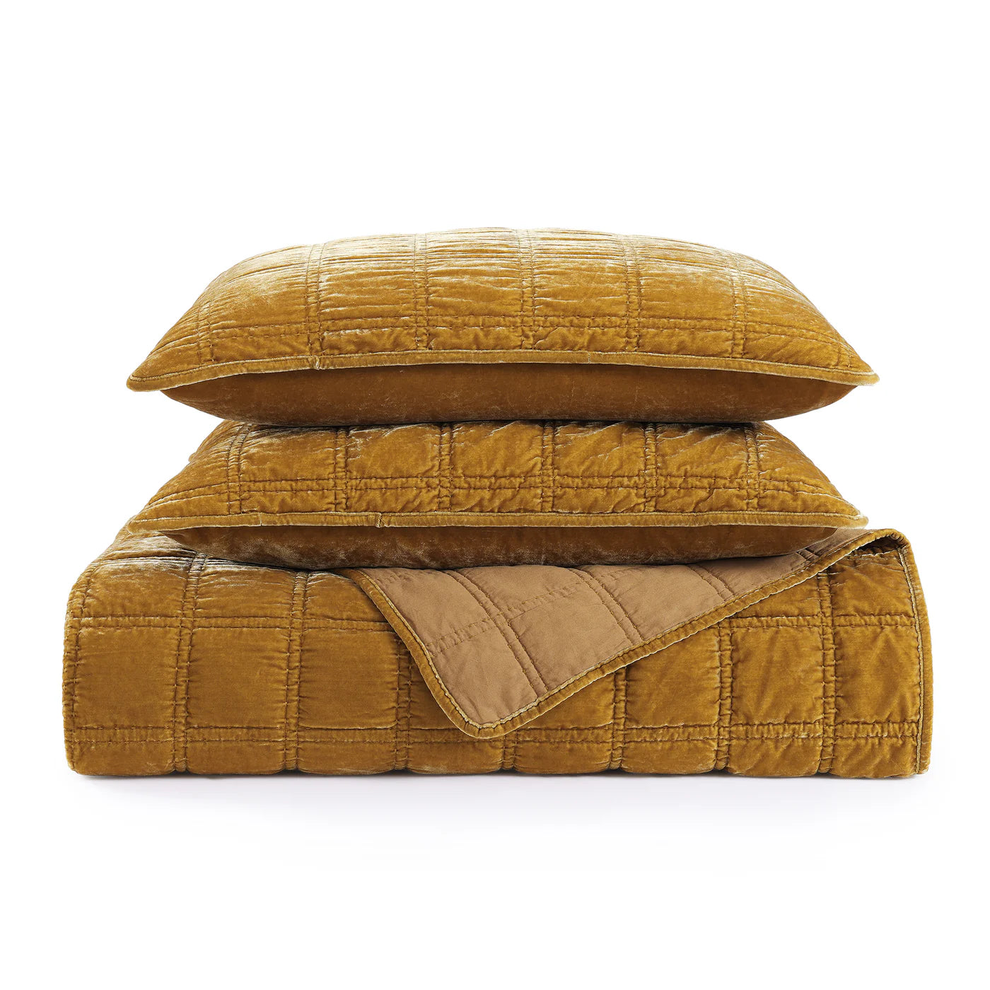 Sienna Faux Silk Velvet Double Box Stitch Quilt Set Copper Saffron