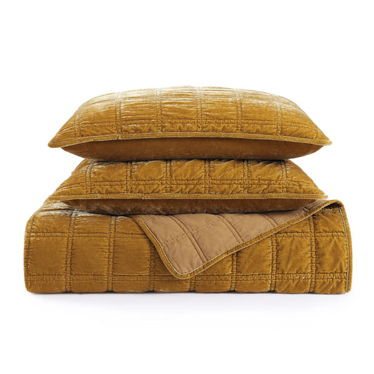 Sienna Faux Silk Velvet Double Box Stitch Quilt Set Copper Saffron