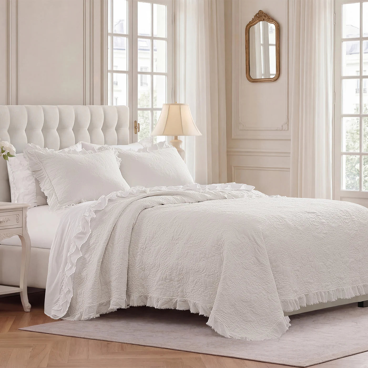 Stefanie Stonewashed Paisley Ruffled Quilt Set White