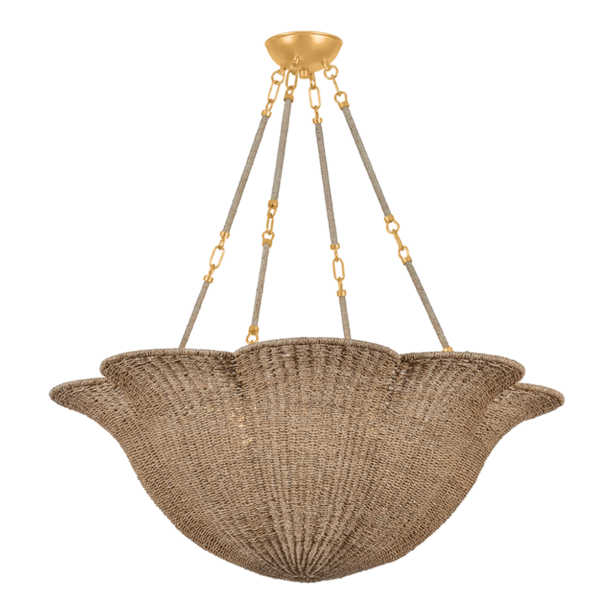 Abigail scallop woven chandelier large, 38 inch 6-light chandelier with petal-edge abaca woven shade and vintage gold leaf frame with abaca-wrapped rod suspension
