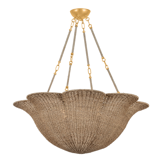 Abigail scallop woven chandelier large, 38 inch 6-light chandelier with petal-edge abaca woven shade and vintage gold leaf frame with abaca-wrapped rod suspension