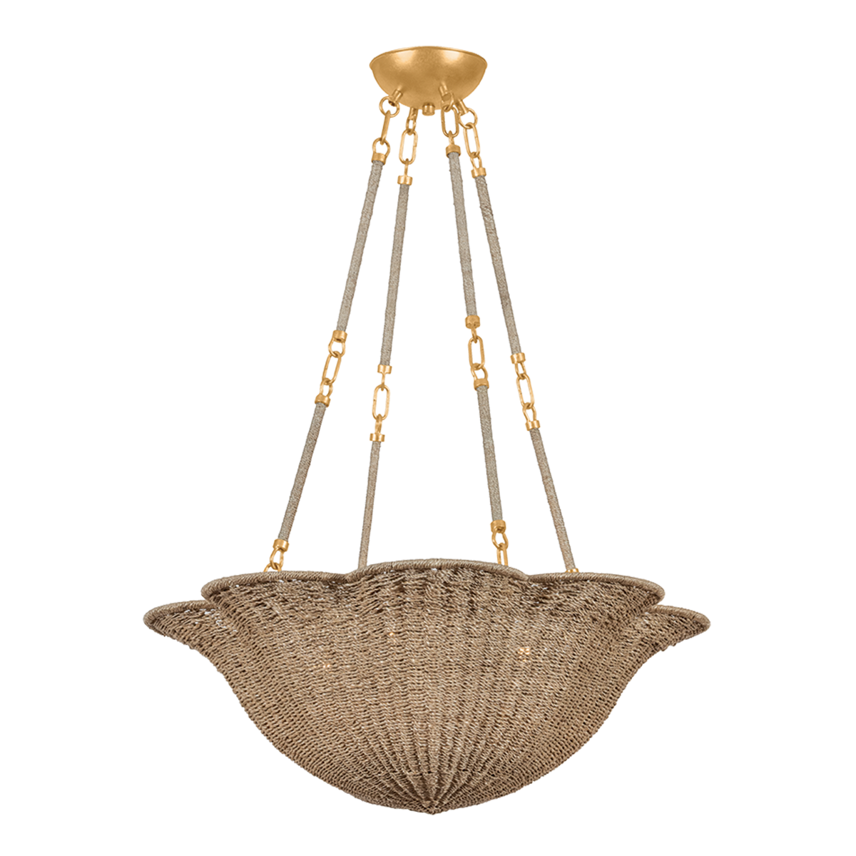 Abigail scallop woven chandelier small, 28 inch 4-light abaca woven chandelier with vintage gold leaf frame and petal-shaped scallop shade for dining room or entryway