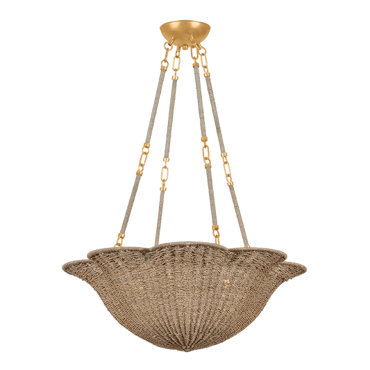 Abigail scallop woven chandelier small, 28 inch 4-light abaca woven chandelier with vintage gold leaf frame and petal-shaped scallop shade for dining room or entryway