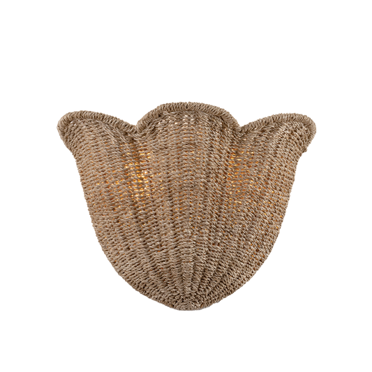 Abigail scallop woven wall sconce, 2-light abaca woven petal-shaped scallop wall light with vintage gold leaf frame for living room or entryway