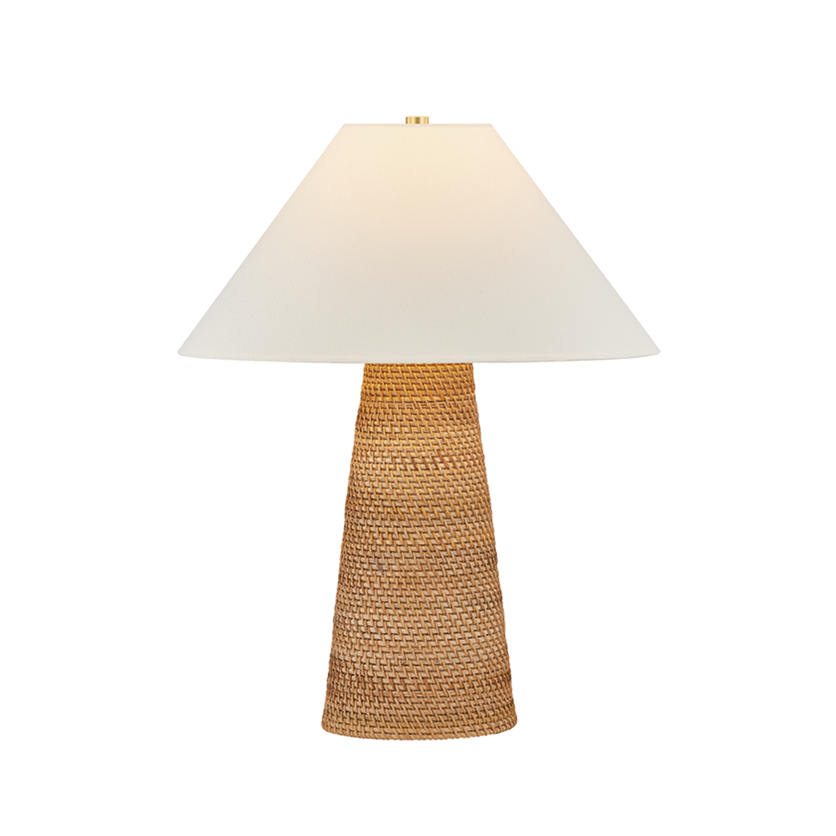 Abode woven table lamp with pencil rattan cone base, aged brass hardware, and off-white linen shade, 26 inch natural texture accent lamp