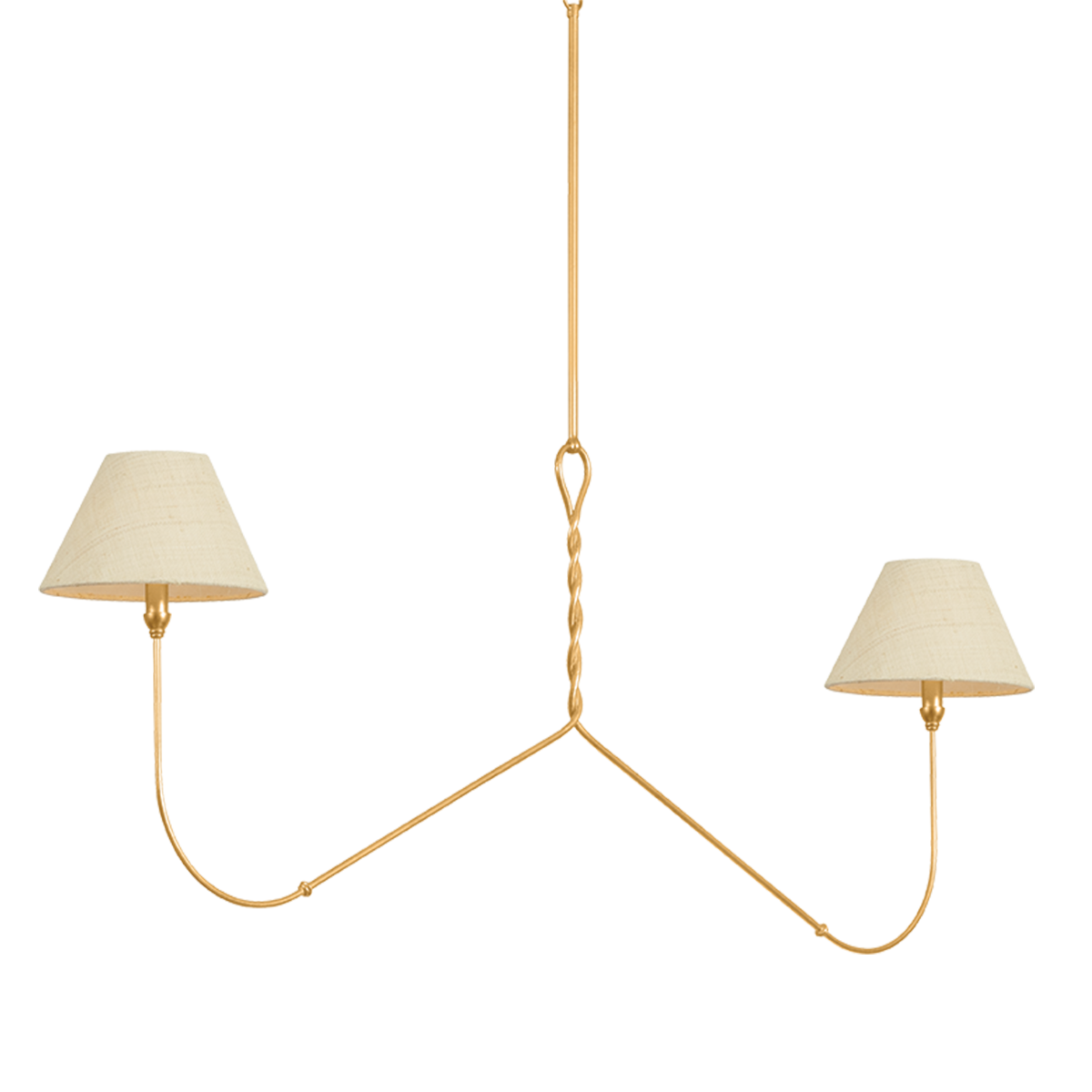 Adrianna woven shade vintage chandelier small, 60 inch 2-light linear chandelier with tapered saguran woven shades and vintage gold leaf arms