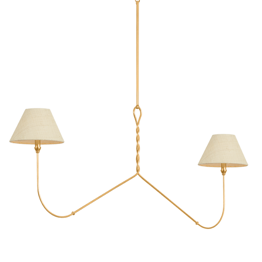 Adrianna woven shade vintage chandelier small, 60 inch 2-light linear chandelier with tapered saguran woven shades and vintage gold leaf arms