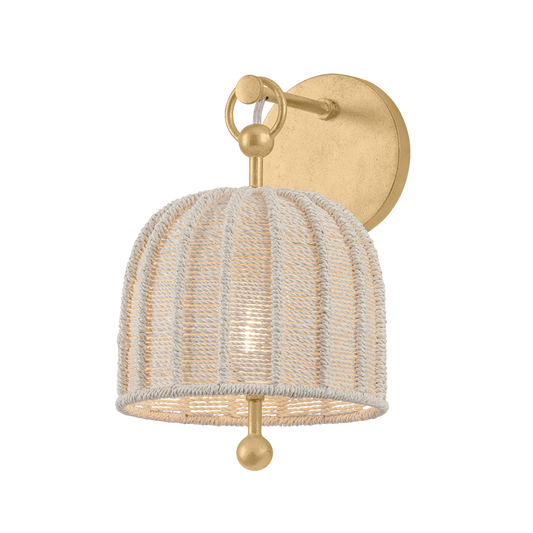 Agatha coastal abaca wall sconce, bleached abaca rope shade with vintage gold leaf stem wall light for bedroom or living room