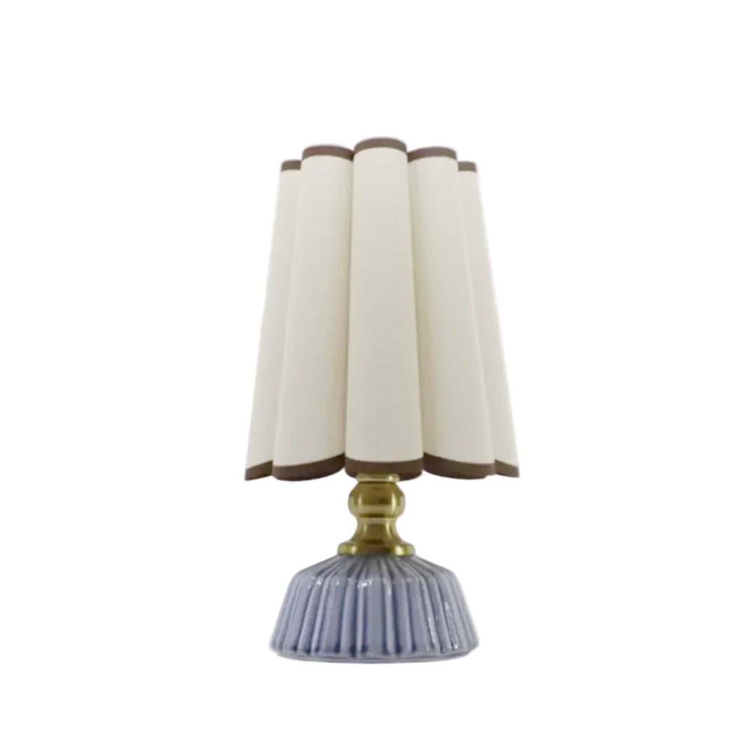 Bay Breeze scallop counter table lamp with ceramic base and fabric scallop shade, 15 inch plug-in desk lamp for nightstand, countertop or entryway