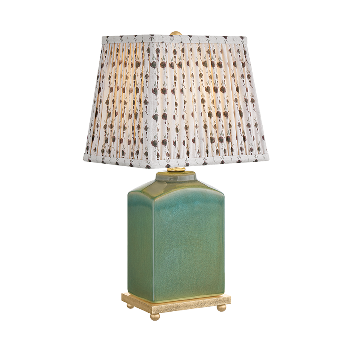 Betsy green floral fabric table lamp with faceted jade ceramic base, primrose plum printed cotton shade and gold leaf plinth, 17 inch plug-in table lamp