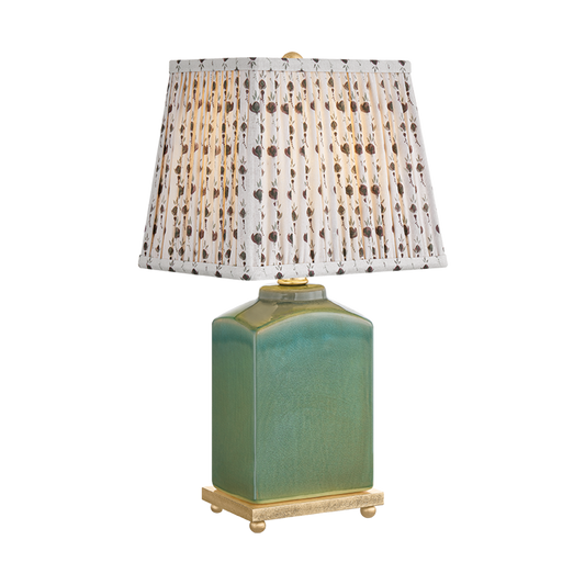 Betsy green floral fabric table lamp with faceted jade ceramic base, primrose plum printed cotton shade and gold leaf plinth, 17 inch plug-in table lamp