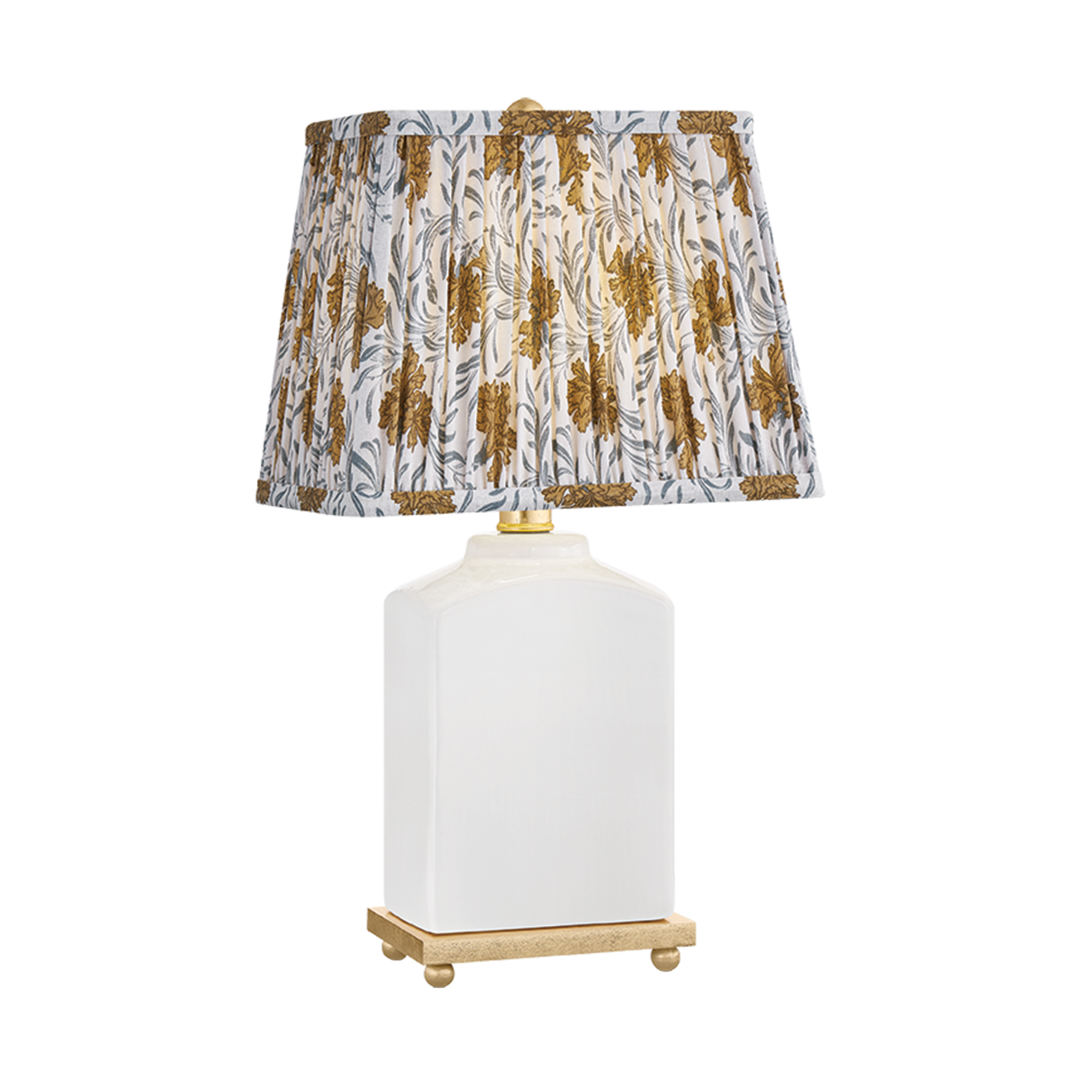 Betsy white floral fabric table lamp with faceted cloud glaze ceramic base, bloom gold printed cotton shade and gold leaf plinth, 17 inch plug-in table lamp