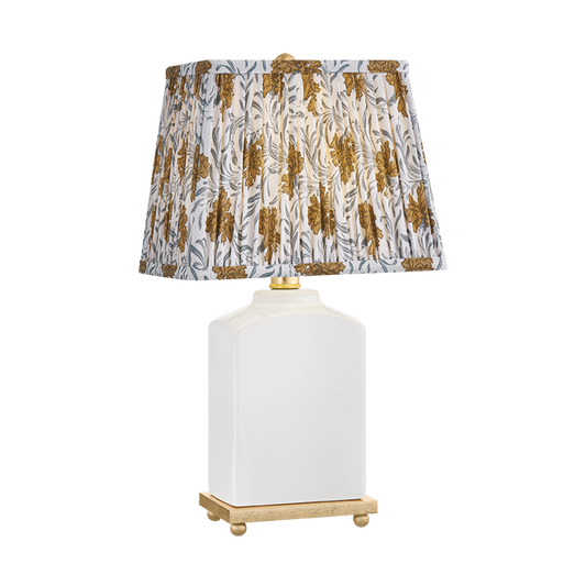 Betsy white floral fabric table lamp with faceted cloud glaze ceramic base, bloom gold printed cotton shade and gold leaf plinth, 17 inch plug-in table lamp
