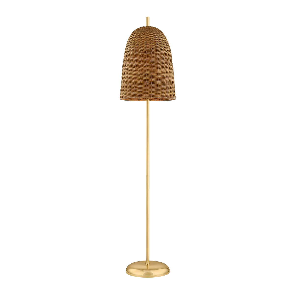 Betsy woven wicker brass floor lamp with natural wicker shade and aged brass base, 64 inch statement floor lamp