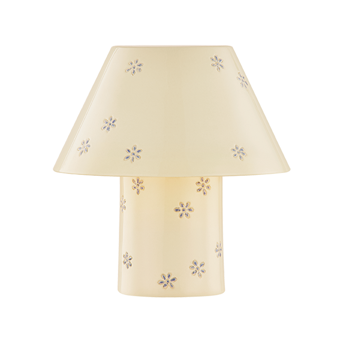 Butter yellow blossom rechargeable ceramic table lamp with embossed blue flowers and aged brass hardware, 10 inch whimsical bedside lamp