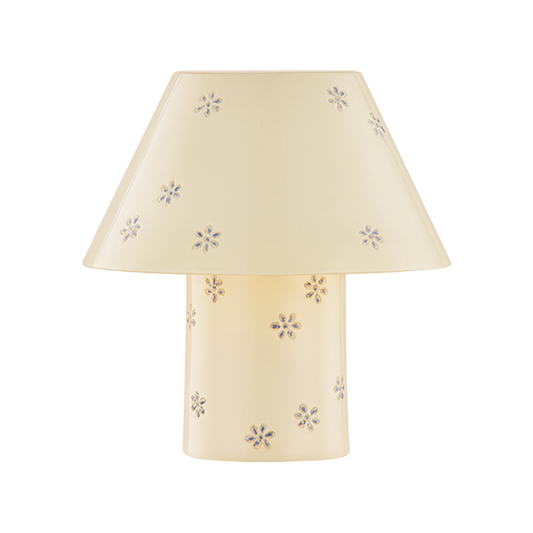 Butter yellow blossom rechargeable ceramic table lamp with embossed blue flowers and aged brass hardware, 10 inch whimsical bedside lamp