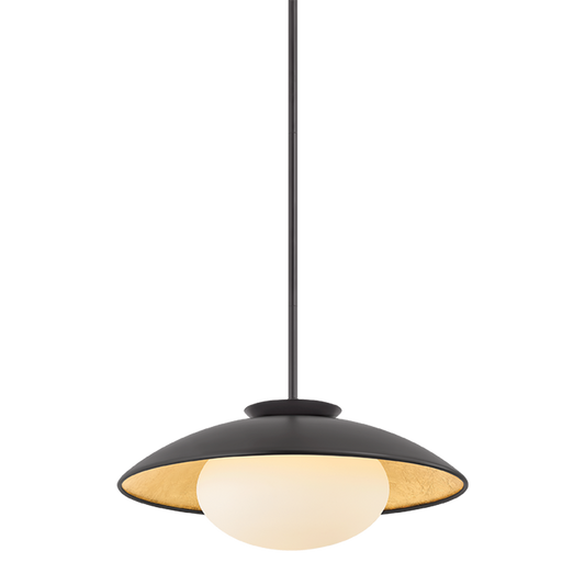Cathleen pendant black large, 21 inch modern RLM-style pendant light with opal matte glass shade, black exterior and gold leaf interior
