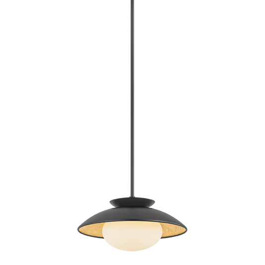 Cathleen pendant black small, 14 inch modern RLM-style pendant light with opal matte glass shade, black exterior and gold leaf interior