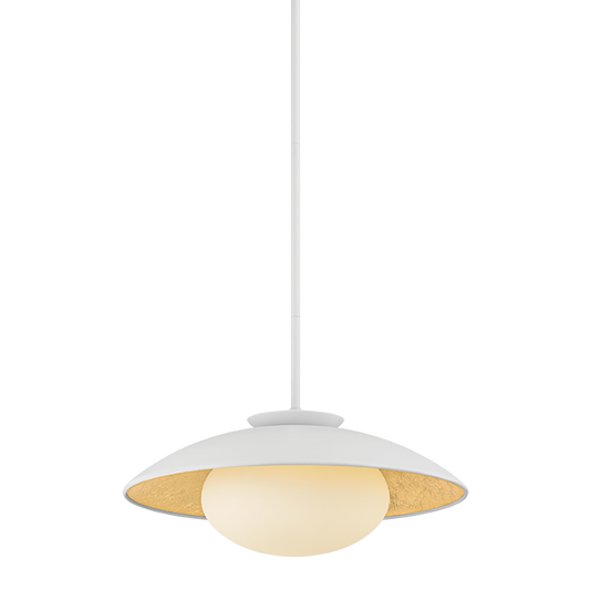 Cathleen pendant white large, 21 inch modern RLM-style pendant light with opal matte glass shade, white exterior and gold leaf interior