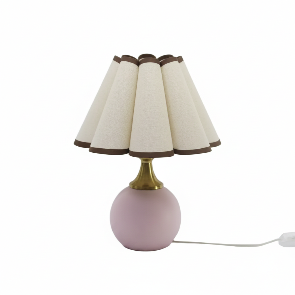 Cherry Creek pink oatmeal scallop counter lamp with ceramic base and pink oatmeal fabric scallop shade, 13 inch plug-in desk lamp for nightstand, countertop or entryway