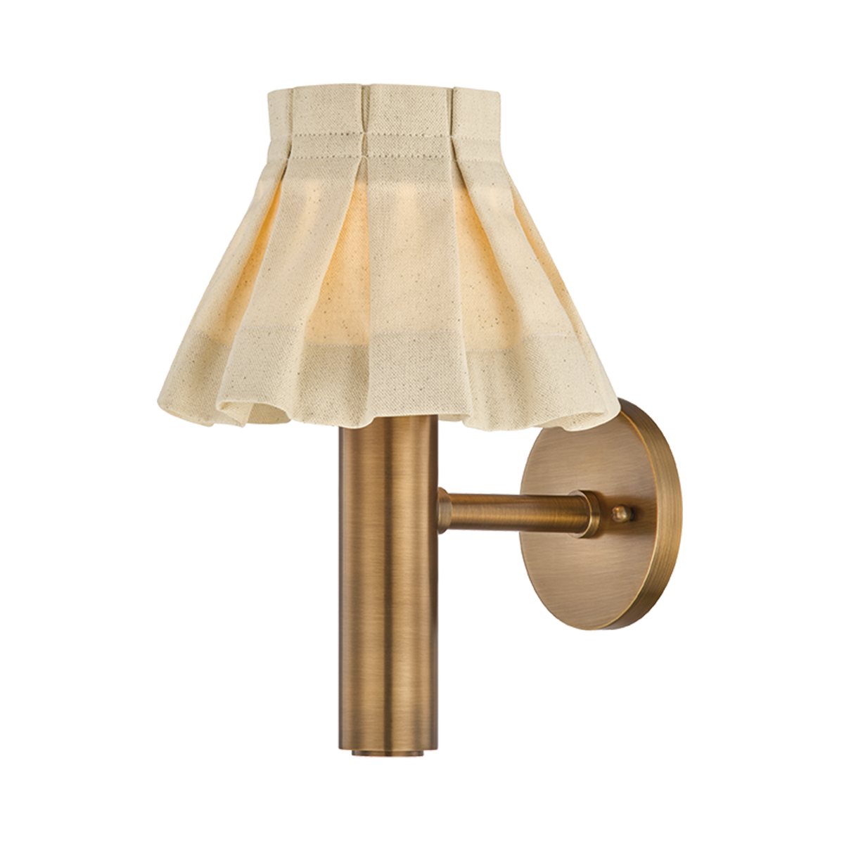 Ada cottage linen fabric wall sconce, wheat linen box pleat shade with patina brass arm wall light for bedroom or living room