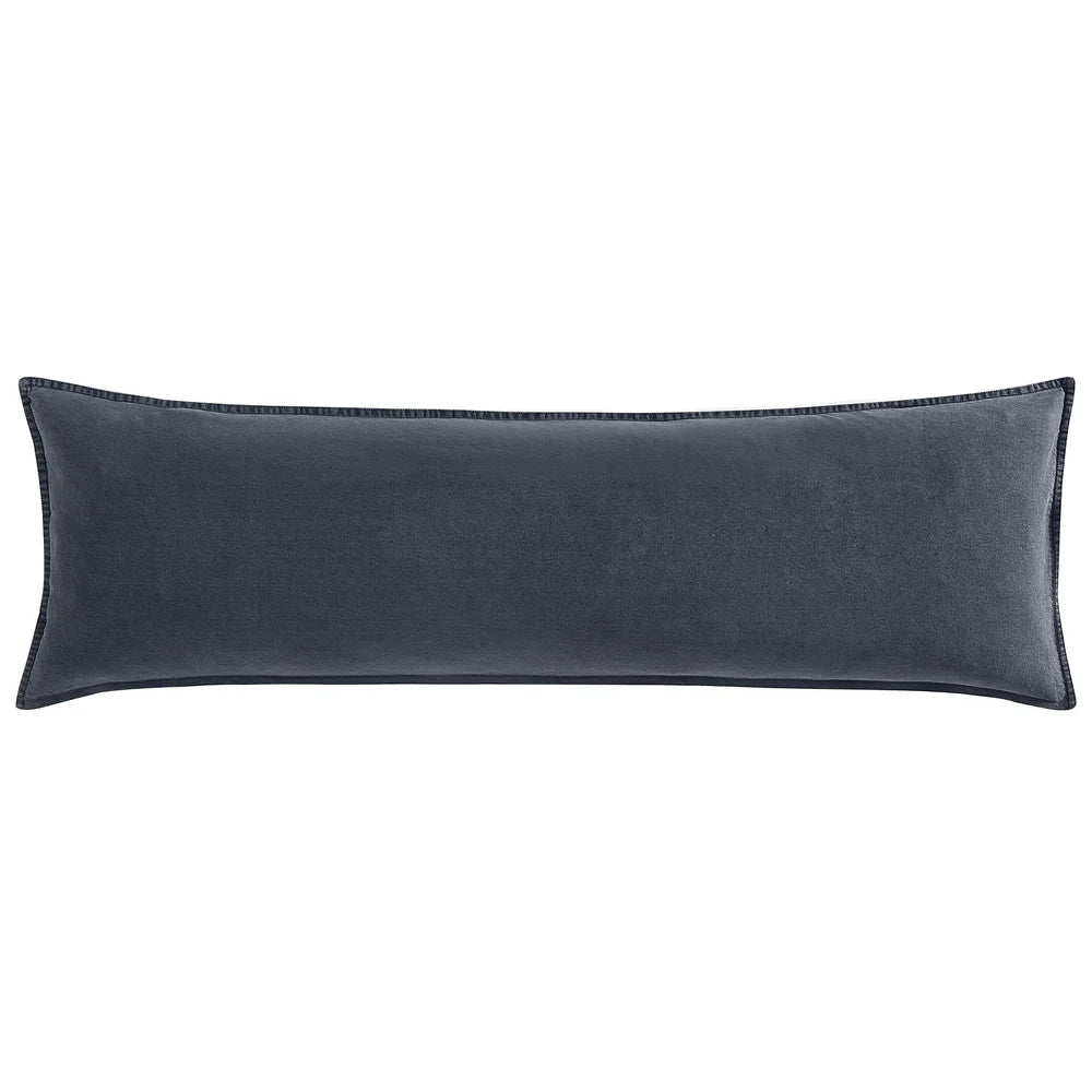 Cotton stonewashed canvas long lumbar pillow in charcoal, 14x42 inch feather-filled lumbar pillow for bed, sofa or bench