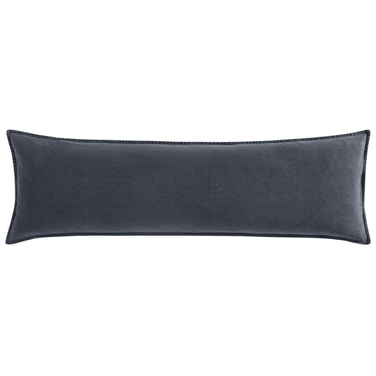 Cotton stonewashed canvas long lumbar pillow in charcoal, 14x42 inch feather-filled lumbar pillow for bed, sofa or bench
