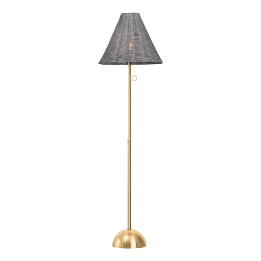 Daffodil wicker floor lamp with natural wicker shade and aged brass finish, 66.5 inch coastal plug-in floor lamp for living room, bedroom or entryway