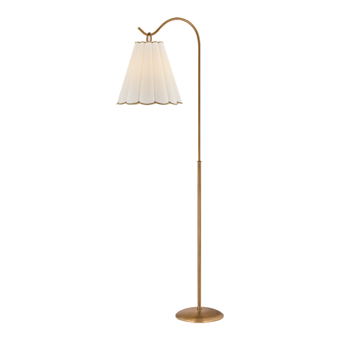 Eunice scallop brass floor lamp with curving patina brass frame and scalloped white linen shade, 65 inch sculptural statement floor lamp
