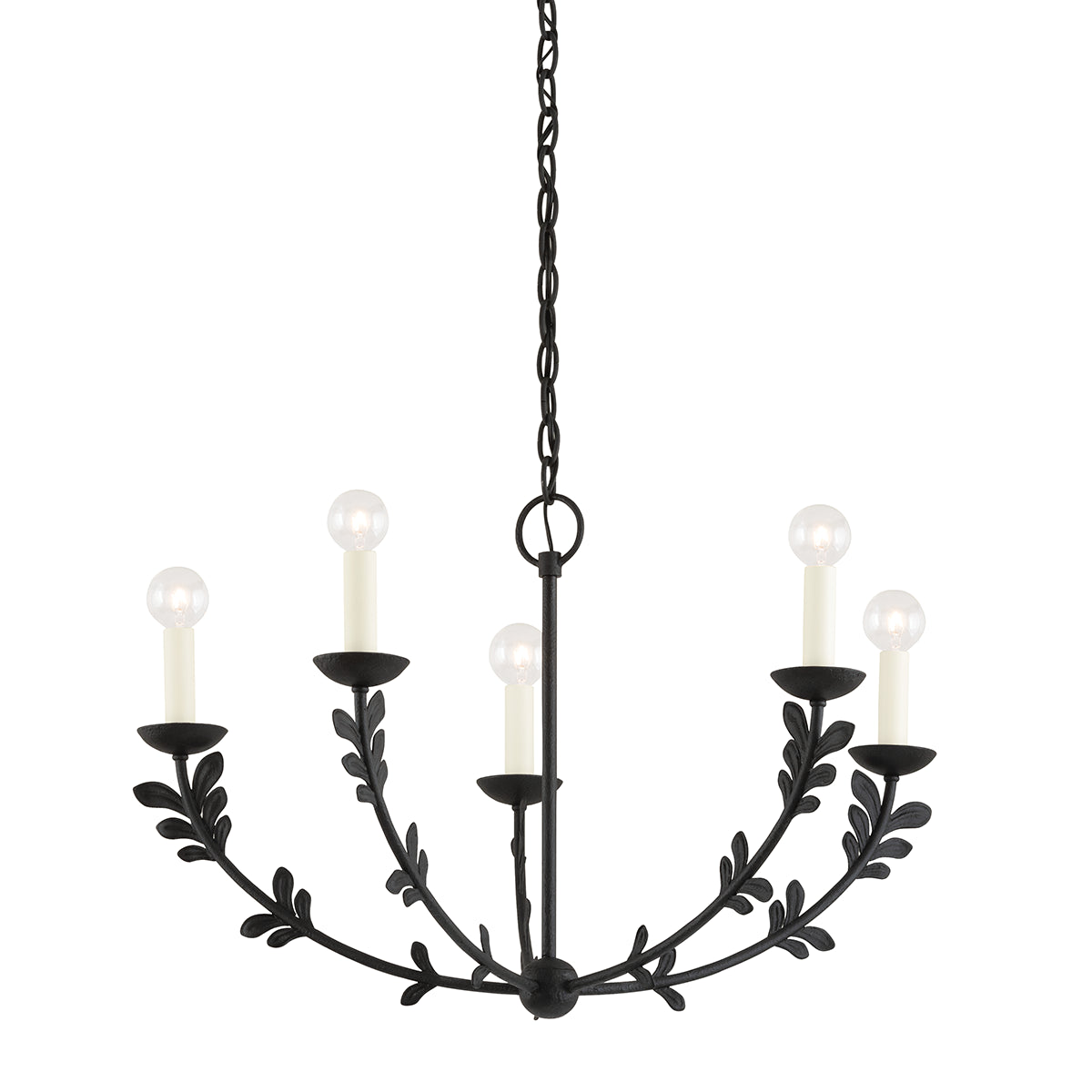 Fiona floral black iron chandelier small, 28 inch botanical leaf accent pendant light with matte black finish and 5 candelabra sockets