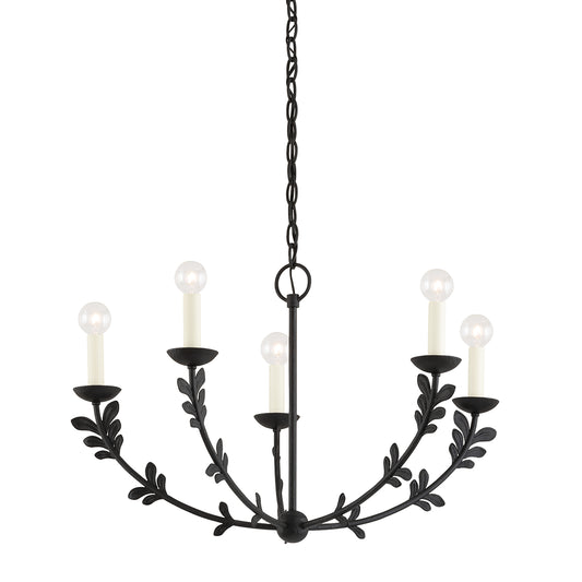Fiona floral black iron chandelier small, 28 inch botanical leaf accent pendant light with matte black finish and 5 candelabra sockets