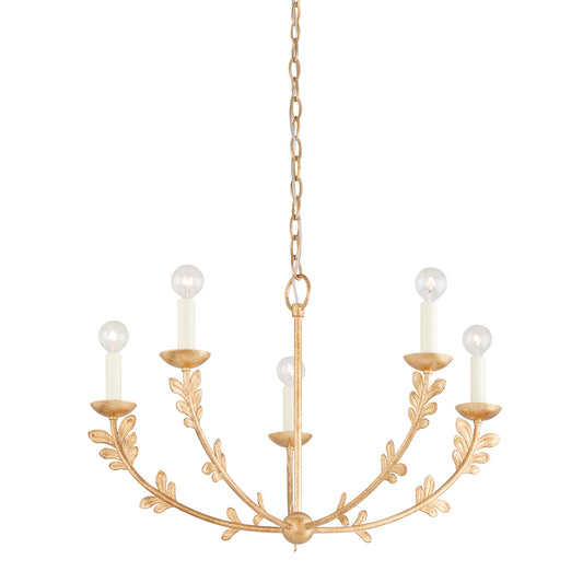 Fiona floral brass chandelier small, 28 inch botanical leaf accent pendant light with aged brass finish and 5 candelabra sockets
