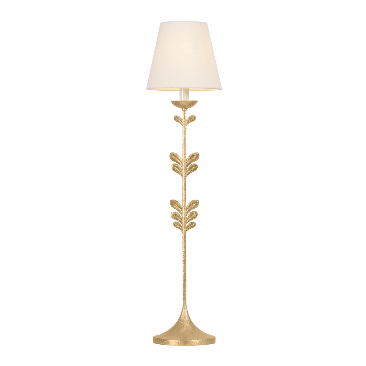 Fiona floral brass table lamp with botanical leaf accents, 34 inch plug-in lamp with aged brass finish and off-white linen shade