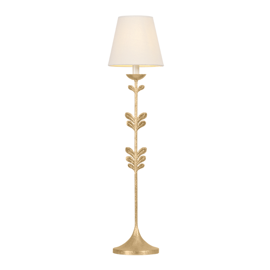 Fiona floral brass table lamp with botanical leaf accents, 34 inch plug-in lamp with aged brass finish and off-white linen shade