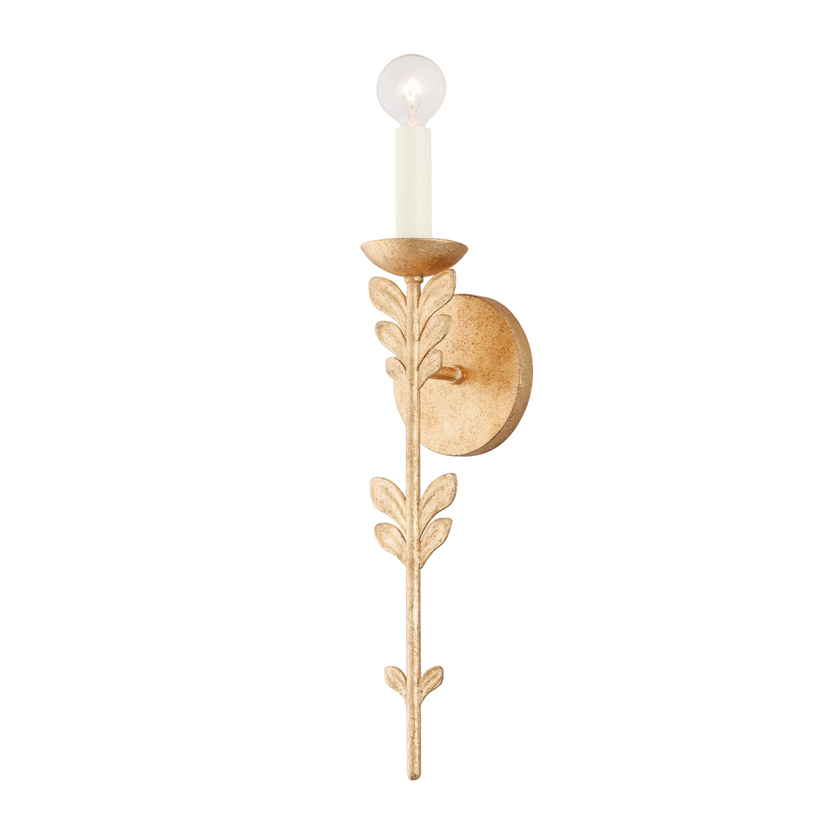 Fiona floral brass wall sconce with botanical leaf accents, 20 inch single candelabra wall light with aged brass finish and round backplate