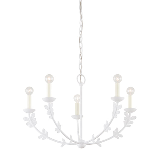 Fiona floral white chandelier small, 28 inch botanical leaf accent pendant light with 5 candelabra sockets and 54 inch chain