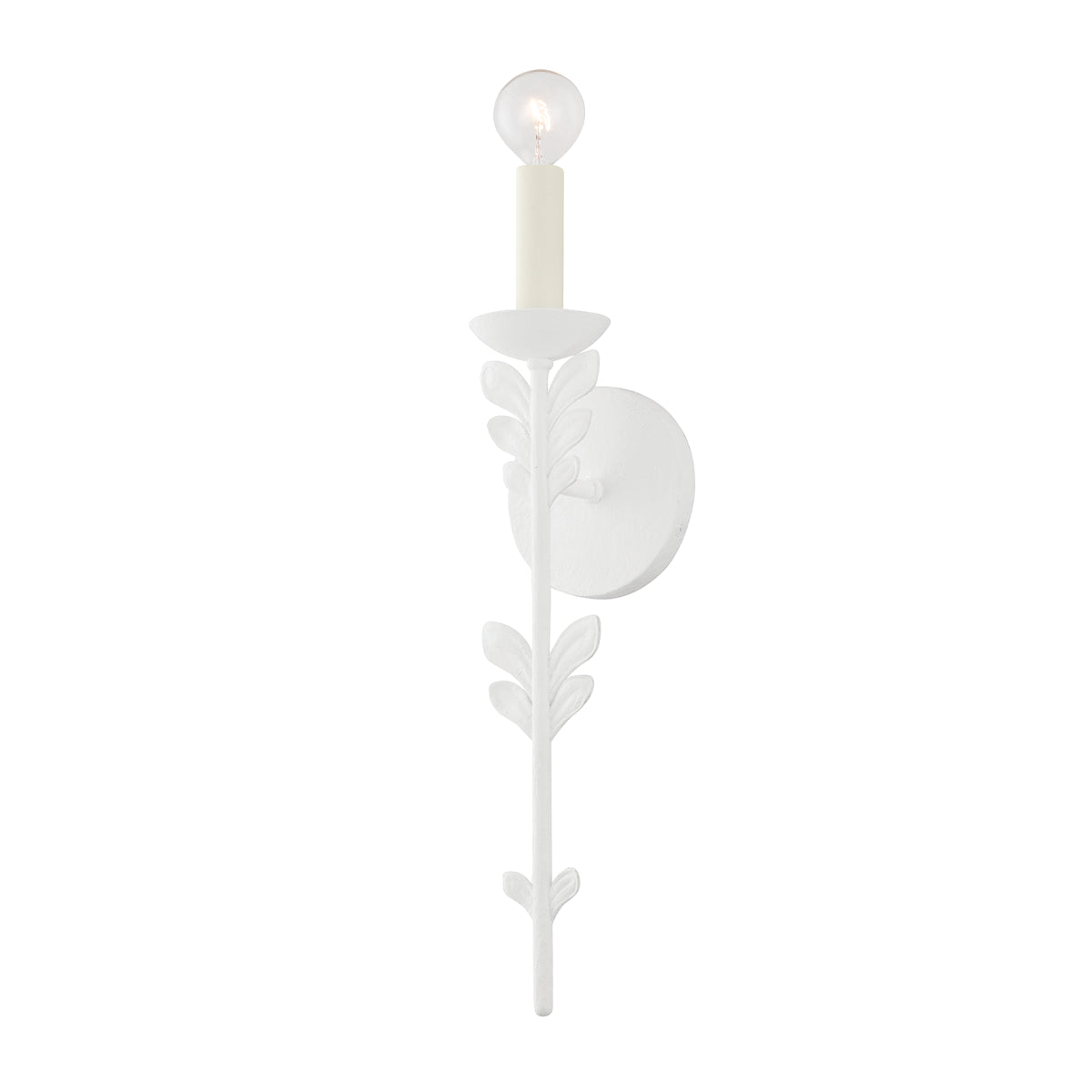 Fiona floral white wall sconce with botanical leaf accents, 20 inch single candelabra wall light with round backplate