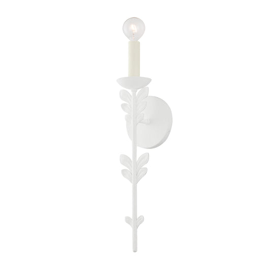 Fiona floral white wall sconce with botanical leaf accents, 20 inch single candelabra wall light with round backplate